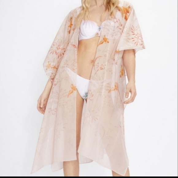 Ted Baker Rhiaa Rhapsody Kimono Pink Mettallic Threading Birds Floral Size OS - Picture 1 of 9